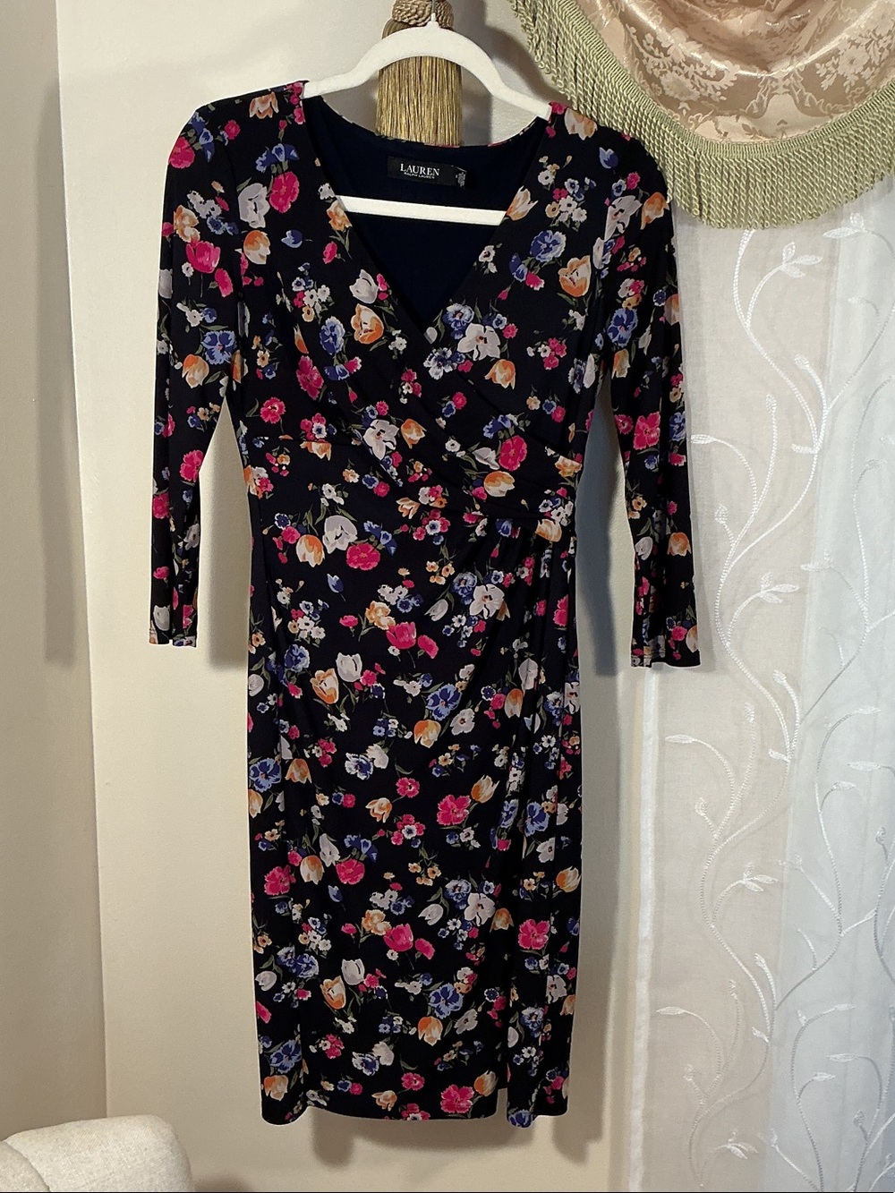 Lauren Ralph Lauren Black Colorful Floral Faux Wrap 3/4 Sleeve Dress Sz 4